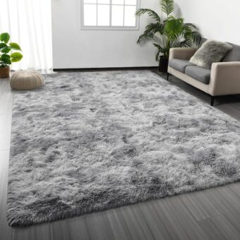 Large Shag Area Rugs 5 x 8, Tie-Dyed Plush Fuzzy Rugs for Living Room, Ultra Soft Fluffy Furry Rugs for Bedroom, Indoor Carpet Nursery Rugs for Kids Room Home Decor, Light Grey