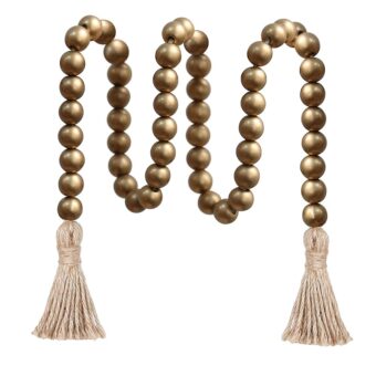 Meplait 39in Wood Bead Garland Farmhouse with Tassels,Versatile Prayer Beads Boho Chic Wall Hanging Home Decor (Gold)