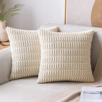 MIULEE Pack of 2 Corduroy Decorative Throw Pillow Covers 18x18 Inch Soft Boho Striped Pillow Covers Modern Farmhouse Christmas Home Decor for Sofa Living Room Couch Bed Cream White