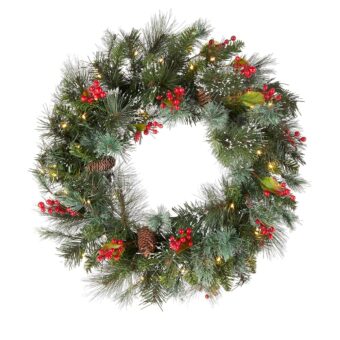 National Tree Company Pre-Lit Artificial Christmas Wreath, Green, Wintry Pine, White Lights, Decorated with Pine Cones, Berry Clusters, Frosted Branches, Christmas Collection,...