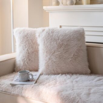 Neelvin Beige Faux Fur Cozy Fluffy Double-Sided Decorative Throw Pillow Covers 18x18 inch Set of 2,Velvet Pillowcase Cushion Case for Sofa Couch