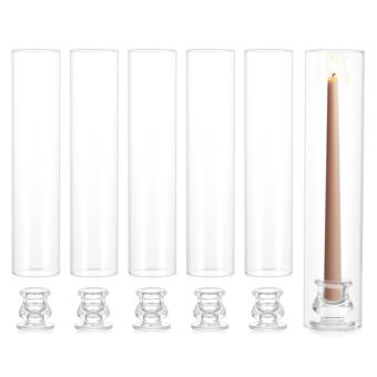 NUPTIO Candle Stick Candle Holder: Set of 6 Glass Hurricane Taper Candleholder - Bulk Candlestick Stand with 12 inch Tall Cylinder Chimney for Christmas Holiday Table Decoration