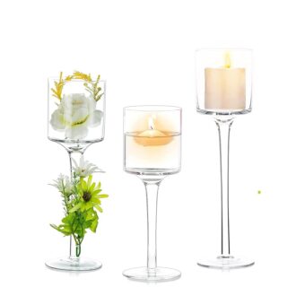 Nuptio Glass Candle Holder Tea Light Candle Holders Set of 3 Tall Tealight Candle Holder for Table Centerpiece Clear Candleholders for Pillar Candles Floating Candles Holder for...