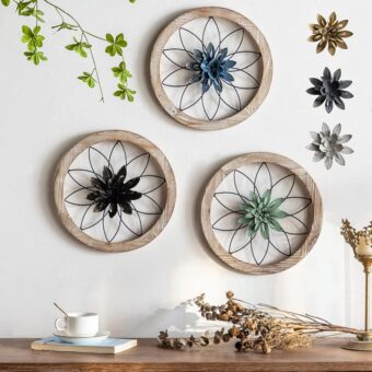 Paquesta 3 Piece Round Farmhouse Wall Decor with 6 Piece Interchangeable Flowers 12'' Medallion Wood & Metal Rustic Wall Art for Living Room Bedroom Kitchen Bathroom Dining Room...