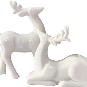 Porcelain Christmas Reindeer Figurines, Pack 2 Mini Animal Reindeer Decor Deer Statues Sculpture Tabletop Ornaments for Cabinet Mantel Shelves Fireplace Home Décor Accents...