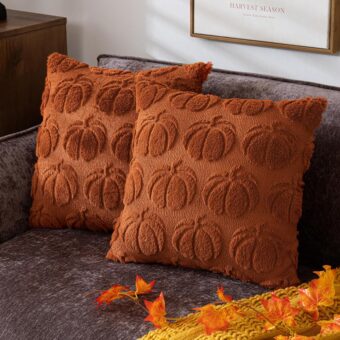 Pumpkin Fall Decorative Throw Pillow Covers 18"x18", Set of 2 Rust Red Soft Faux Fur Pillow Covers for Autumn Harvest, Fluffy Plush Accent Pillow Cases for Farmhouse Couch...