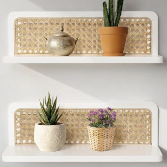 Rattan Wall Shelf 16inch Set of 2, Handmade Floating Shelves Boho Wall Decor, Rustic Wood Wall Mounted Storage Shelves for Living Room Nursery Bedroom