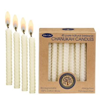 Rite Lite Judaica Hand Rolled Honeycomb Beeswax Hanukkah Candles, 45 Count Chanukah Menorah Gifts, Jewish Holiday Party Favors Candleholder (Natural)