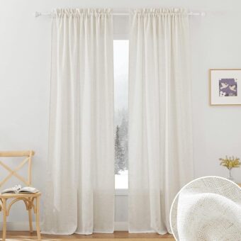 RYB HOME Linen Blend Curtains - Light Filtering Rich Flax Linen Semi Sheer Airy Breathable Window Treatments Soften Sunlight for Farmhouse Living Room Dining Door, Linen, W 52 x...