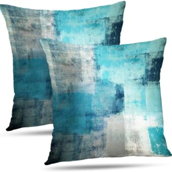 Set of 2 Turquoise and Grey Art Artwork Contemporary Decorative Gray Home Decorative Throw Pillow Covers Cushion Covers for Bedroom Sofa Living Room 18X18 Inches