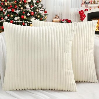 Simmore Christmas Decorative Throw Pillow Covers 18x18 Set of 2, Soft Plush Flannel Double-Sided Fluffy Couch Pillow Covers for Sofa Living Room Home Decor, Cream White