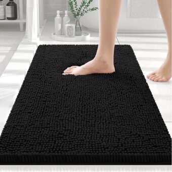 Smiry Luxury Chenille Bath Rug 30''x20'', Extra Soft and Absorbent Shaggy Bathroom Mat Rugs, Machine Washable, Non-Slip Plush Carpet Runner for Tub, Shower, and Bath Room, Black