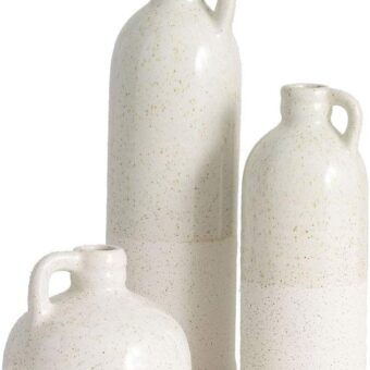 Sullivans Modern Farmhouse Distressed Two-Toned White Small Ceramic Jug Set of Three (3), 4, 7.5, 10” Tall, Crackled Finish Faux Floral Jugs, Distressed Decoration