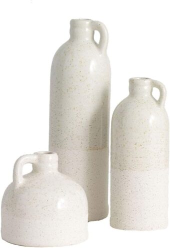 Sullivans Modern Farmhouse Distressed Two-Toned White Small Ceramic Jug Set of Three (3), 4, 7.5, 10” Tall, Crackled Finish Faux Floral Jugs, Distressed Decoration