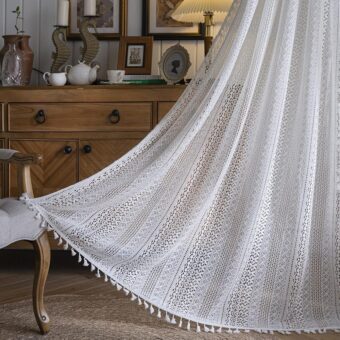 Sutuo Home White Crochet Boho Curtain 84 Inches Length, Sheer Lace Handmade Tassels Knitted Window Treatment Vintage Rustic Bohemian Farmhouse Drape for Bedroom Rod Pocket 1...