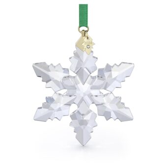 Swarovski Annual Edition 2024 Snowflake Ornament, Clear Faceted Crystal with Gold-Tone Metal Accents and Green Rayon Ribbon, Part of The Annual Edition Collection