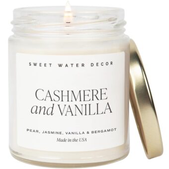 Sweet Water Decor Cashmere and Vanilla Soy Candle | Milky Coconut, Frangipani, and Soft Cashmere Scented Candles for Home | 9oz Clear Jar + Gold Lid, 40+ Hour Burn Time, Made in...