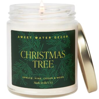 Sweet Water Decor Christmas Tree Candle - Spruce, Pine Needles and Evergreen Candles Scented Soy Candles for Home - Christmas Candle Gold Foil Pattern 9oz Clear Jar, 40 Hour...