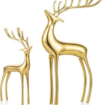 Sziqiqi Reindeer Figurine Statues Deluxe Set of 2, Christmas Deer Pure Copper Heavy Reindeer Ornaments for Home Decor Accents Living Room Office Bookself Tabletop Mantle...