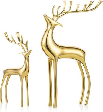 Sziqiqi Reindeer Figurine Statues Deluxe Set of 2, Christmas Deer Pure Copper Heavy Reindeer Ornaments for Home Decor Accents Living Room Office Bookself Tabletop Mantle...