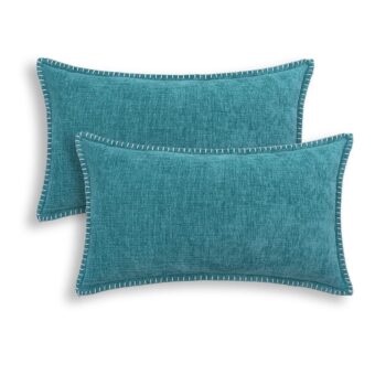 Throw Pillow Cases CaliTime Pack of 2 Cotton Thread Stitching Edges Solid Dyed Soft Chenille Cushion Covers for Couch Sofa Home Farmhouse Decoration 12 X 20 Inches Teal