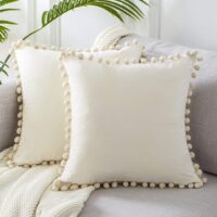 Top Finel Decorative Throw Pillow Covers 18x18 Set of 2, Cream White Couch Square Pillow Covers for Sofa Bed, Soft Velvet Cushion Covers with Pom Poms for Livingroom Bedroom...