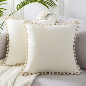 Top Finel Decorative Throw Pillow Covers 18x18 Set of 2, Cream White Couch Square Pillow Covers for Sofa Bed, Soft Velvet Cushion Covers with Pom Poms for Livingroom Bedroom...