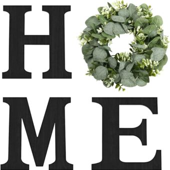 Wood Home Sign with Artificial Eucalyptus Wreath for O, Hanging Farmhouse Wall House Decor Wood Home Letters for Wall Art Rustic Home Decor, Home Wall Decor for Living Room...