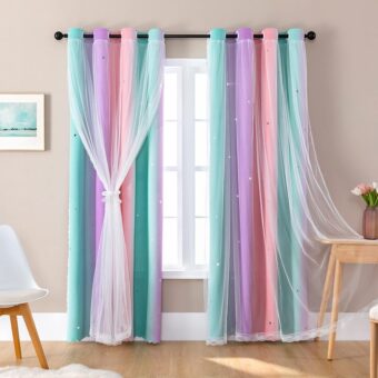 XiDi Curtains for Girls Bedroom Decor, Rainbow Curtains for Kids Room Decor, Purple Blackout Curtains for Little Girl Room, Unicorn Wall Decals Pink Curtains Green, 63 Inches...