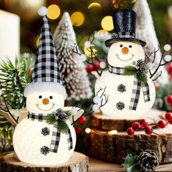 2 Pack Black and White Christmas Decor, 14" Lighted Snowmen Tree Buffalo Check Plaid Farmhouse Decorations, Table Centerpieces Rustic Gifts Tiered Tray Decor with for Xmas Party...