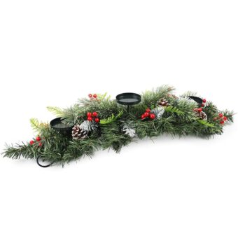 2024 Christmas Candle Holder, 30" Abundant Table Centerpiece w/ 3 Candle Trays, Artificial Decor w/ 68 Pine Needles, 8 Cones, 10 Strings of Red Cherry & Snowy Leaves