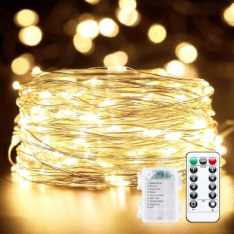 33Ft 100 LED Outdoor String Lights, Warm White Fairy Lights Battery Operated with Remote, Waterproof Twinkle Lights for Bedroom Dorm Patio Tapestry Backyard Garden Party Indoor...