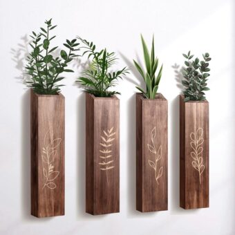 4 Pack Wood Indoor Wall Planter, Modern Wall Decor for Living Room Bedroom, Farmhouse Pocket Wall Vases for Dried Flowers and Faux Greenery Plants - Brown