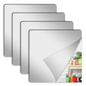 4 Pcs Wall Mirror Tiles, 8 x 8 Inch Self Adhesive Acrylic Square Mirror, Flexible Mirror Sheets Wall Stickers Frameless Small Mirrors Wall Decor Set for Bathroom Home Gym Bedroom