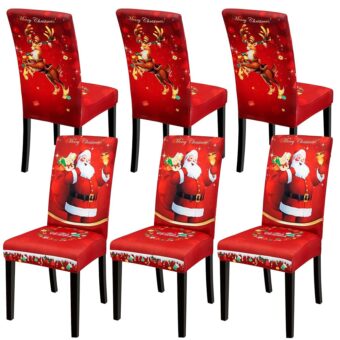 6 PCS Christmas Dining Chair Covers, Stretch Removable Washable Dining Room Chair Protector Slipcovers, Santa Claus Deer Kitchen Chair Cover, Slipcovers Protector for Xmas...