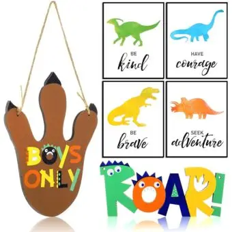 6 Pcs Dinosaur Room Decor Boys Dinosaur Wall Art Include 2 Dinosaur Paw Wooden Hanging Wall Sign 4 Dinosaur Wall Stickers (Unframed) Inspirational Quote Canvas Wall Art for Boy...