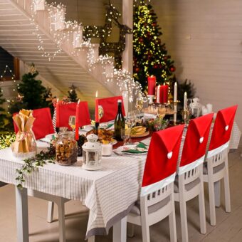 6PCS Christmas Chair Covers,Red Christmas Santa Claus Hat Xmas Chair Slipcovers Sets for New Year Dinning Room Decoration