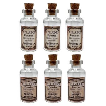 6pcs Glass tiny bottle jars with wood cork and Floo Powder label for DIY Art &Crafts or decorative potion jewelry Wizardly World renaissance accessory