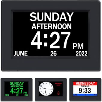 AINFTIME Clock with Day and Date for Elderly-3 Colors Display Digital Calendar Alarm Clock Dementia Alzheimers Clock with Extra Large Display (7in Black)