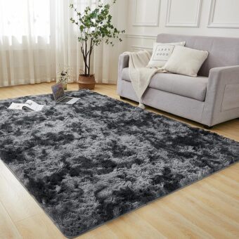 Andency 4x6 Shag Area Rug for Living Room, Tie-Dyed Dark Grey Soft Fuzzy Plush Indoor Carpets for Bedroom, Non Skid Fluffy Faux Fur Rug for Room