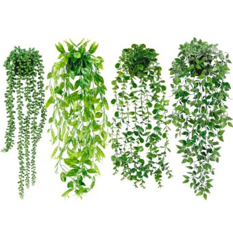 Artificial Hanging Plants for Shelf, 4 Pack Fake Potted Greenery Faux Eucalyptus Vine, Mandala Vine, String of Pearls,Pea pod Leaves in Pot for Office Living Room Bathroom...