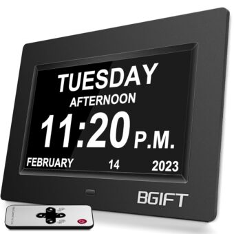 Bgift Digtal Clock with Day and Date for Seniors, Large LCD Time Display, Auto Dimmable, 12 Alarm Settings - Best for The Elderly