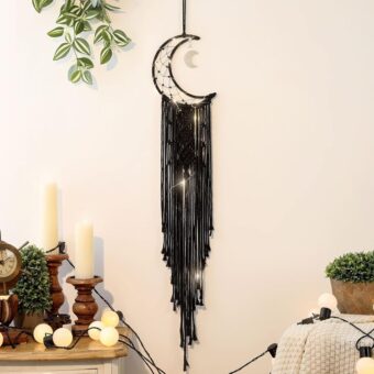 Black Macrame Moon Dream Catcher, Witchy Crescent Phase Woven Wall Hanging with Ligth, Handmade Gothic Bohemian Nursery Decor with Star Decoration for Home Bedroom, for Girl Kids