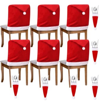 BROADREAM 6pcs Christmas Chair Covers - Santa Claus Hat Chair Slipcover Set of 6 - Xmas Chair Back Covers with 6pcs Silverware Holders Dinner Table for Christmas Holiday...