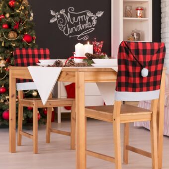 CCINEE 6pcs Christmas Chair Back Cover, Black and Red Grid Chair Slipcovers Hat Buffalo Plaid Christmas Back Covers Christmas Dining Chair Protector Elastic for Dining Room Xmas...