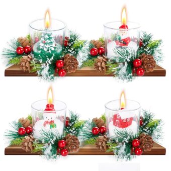 Christmas Candle Rings Wreath with Candle Holders Glass 4 Pcs Christmas Snowy Pine Needles Red Berry Pinecones Garland Candle Ring Holder for Family Home Party Table Decoration