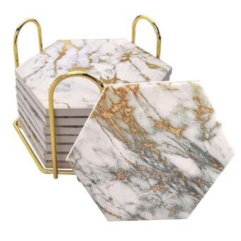 Coasters Set of 8 with Metal Holder Stand, Marble Design Ceramic Coaster Set, Cork Base, Gold Home Decor for Tabletop Protection, Gold Decor, Bar Cart Accessories (Golden)