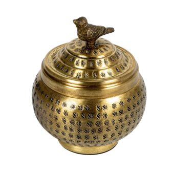 Creative Co-Op, Brass Round Hammered Metal Container with Bird Finial, Finish