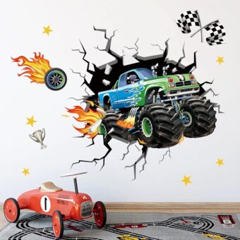 decalmile 3D Racing Car Wall Stickers, Multi Color, Vinyl, Indoor, Waterproof, for Kids Room, Boys Bedroom, Living Room Decor