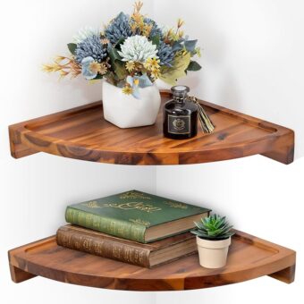 Demigo Floating Round Corner Shelves for Wall 2pcs, Acacia Wood Wall-Mounted Storage Shelves for Home Wall Decor, Space Saving Self-Assembly Displays for Living Room, Kitchen,...